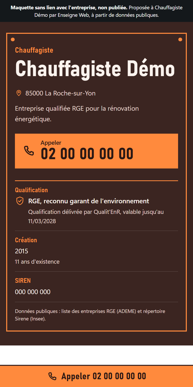 Capture d'une maquette de site de chauffagiste sur téléphone : nom de l'entreprise, commune, bouton d'appel et qualification RGE