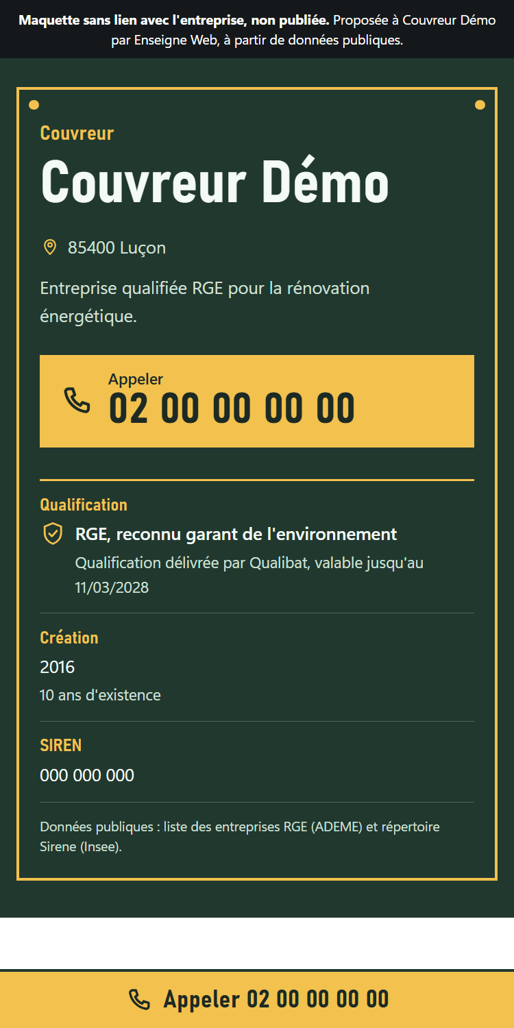Capture d'une maquette de site de couvreur sur téléphone : nom de l'entreprise, commune, bouton d'appel et qualification RGE