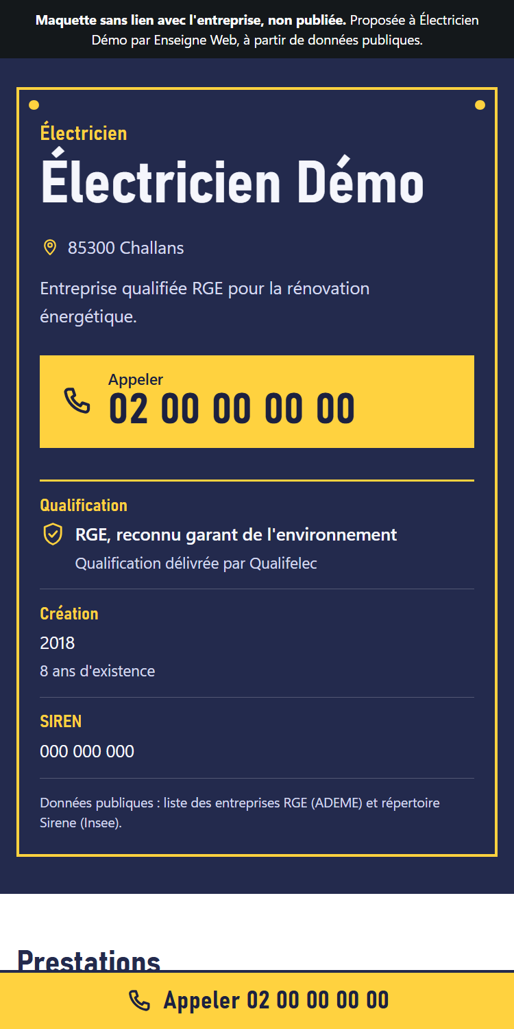 Capture d'une maquette de site d'électricien sur téléphone : nom de l'entreprise, commune, bouton d'appel et qualification RGE