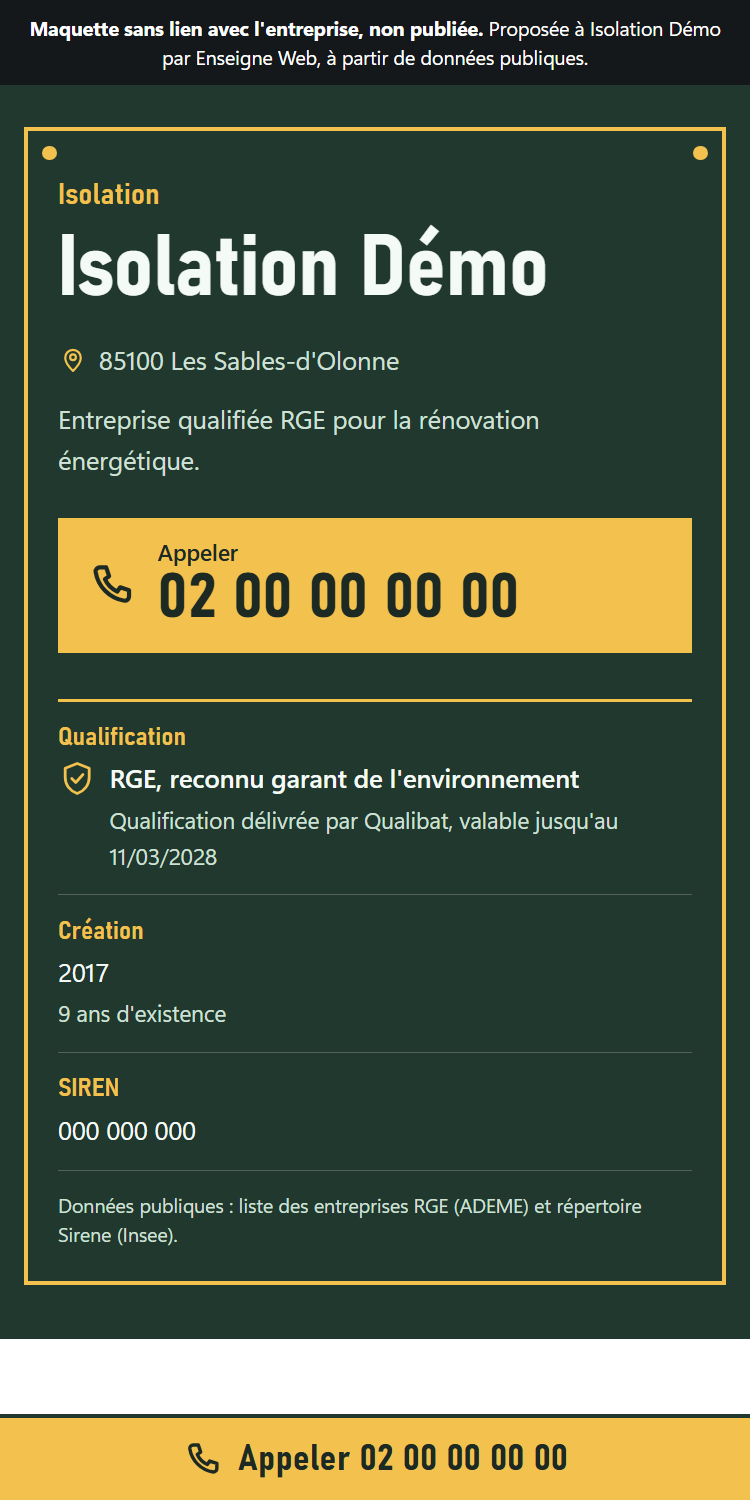 Capture d'une maquette de site d'entreprise d'isolation sur téléphone : nom de l'entreprise, commune, bouton d'appel et qualification RGE