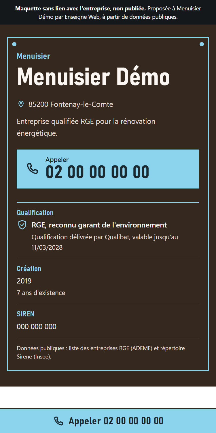 Capture d'une maquette de site de menuisier sur téléphone : nom de l'entreprise, commune, bouton d'appel et qualification RGE