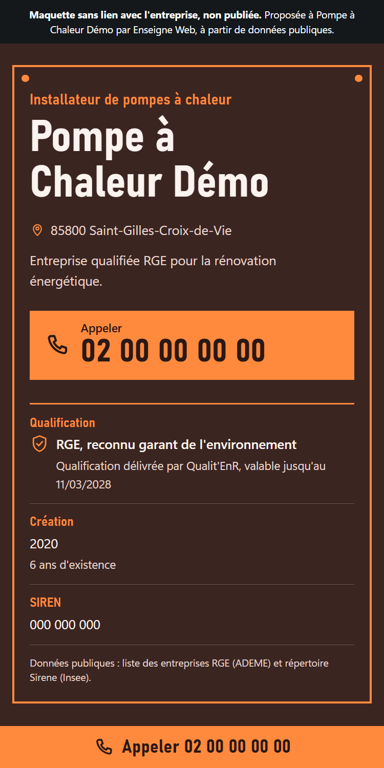 Capture d'une maquette de site d'installateur de pompe à chaleur sur téléphone : nom de l'entreprise, commune, bouton d'appel et qualification RGE