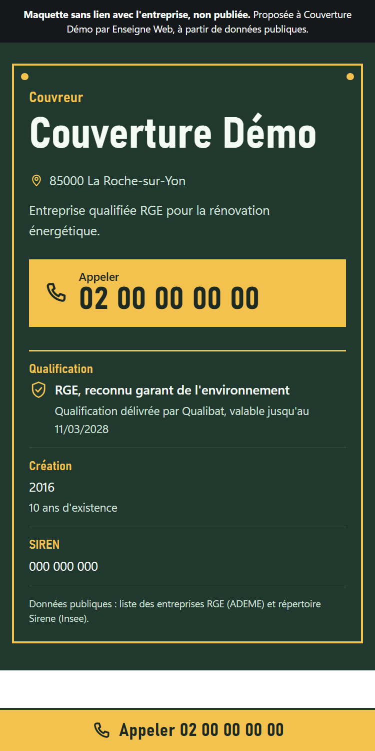Capture d'une maquette de site d'artisan sur téléphone : nom de l'entreprise, métier, commune, bouton d'appel et qualification RGE